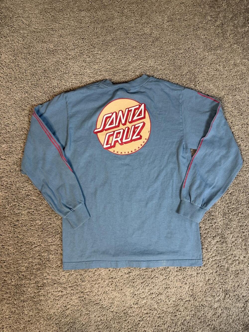 Santa Cruz Shirt Mens S Blue Pink Long Sleeve Graphic Contrasting Trim Crewneck
